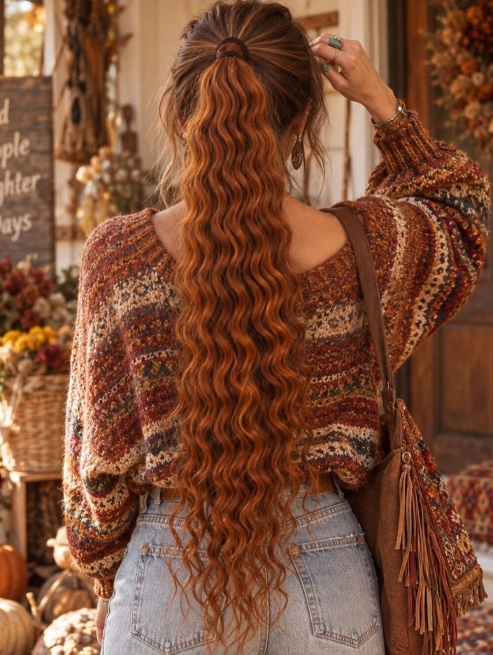 24" Copper Auburn Curly Ponytail Hair Extension | Redhead Boho Hairpiece